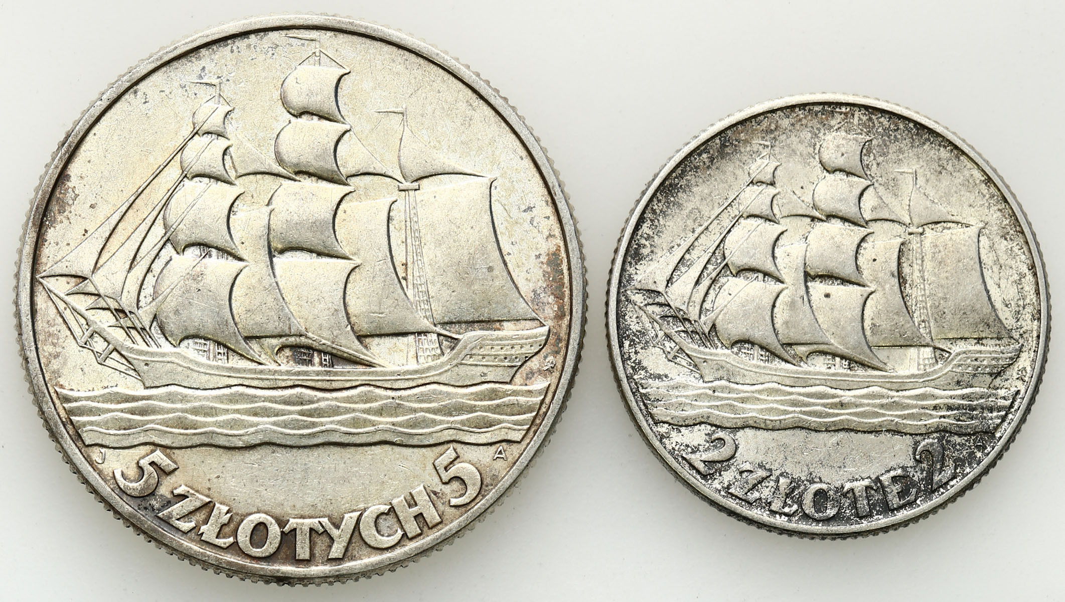 II RP. 2 złote 1936 i 5 złotych 1936 żaglowiec, zestaw 2 monet